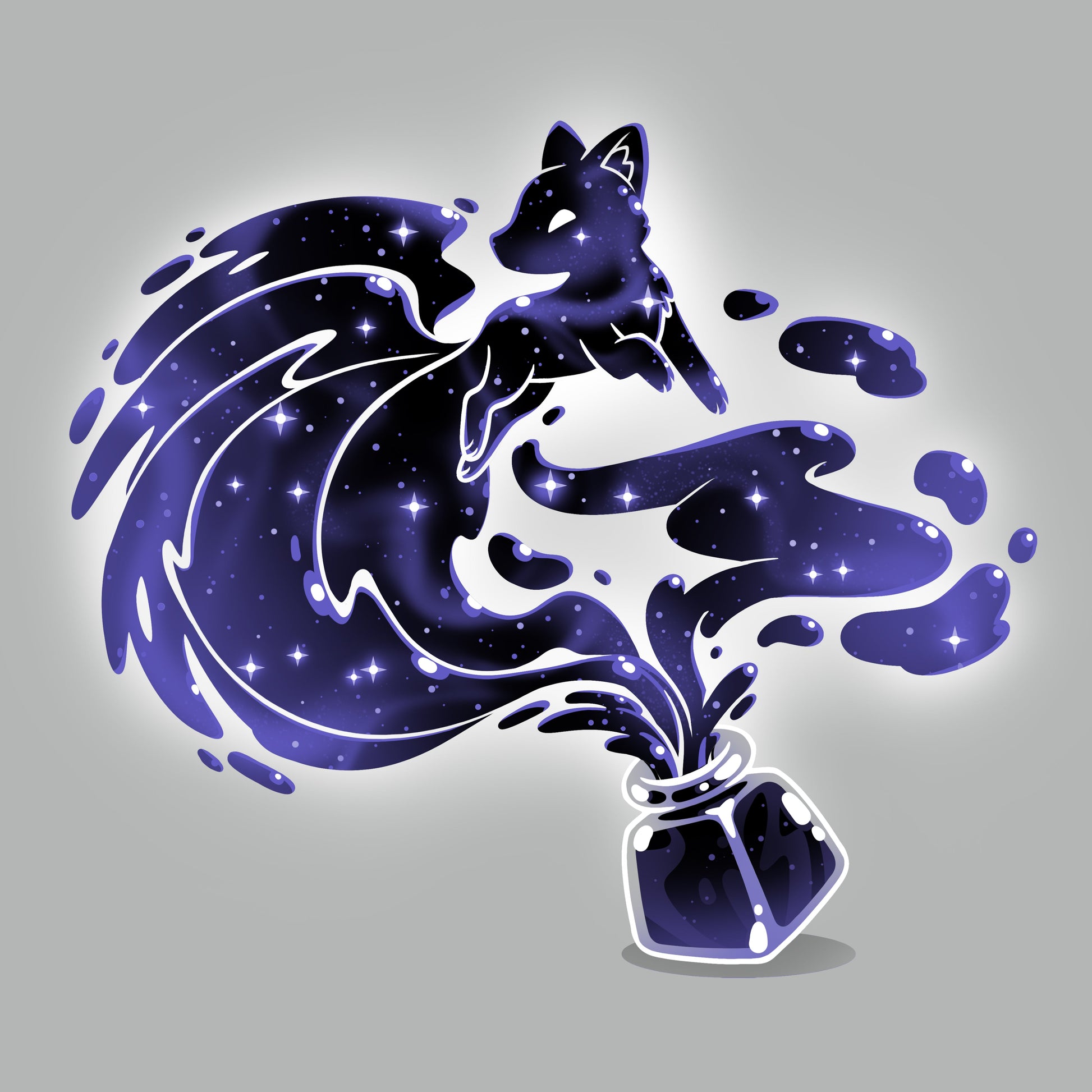 Premium Cotton T-shirt_TeeTurtle Ink Kitsune silver gray t-shirt featuring a glowing, starry fox emerging from an open ink bottle with its tail and body forming flowing, cosmic ink trails. 