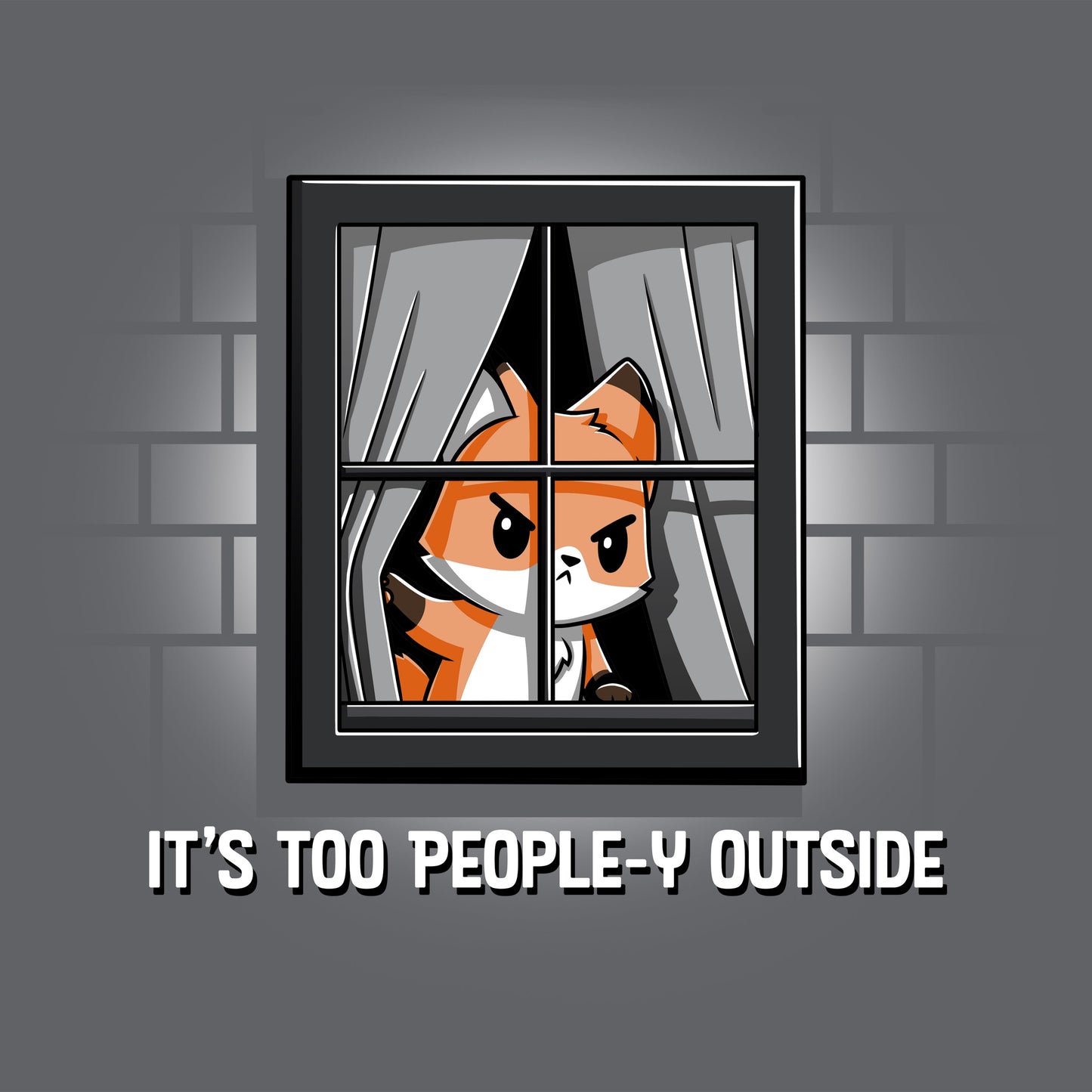 Premium Cotton T-shirt_TeeTurtle It's Too People-y Outside charcoal gray t-shirt featuring a fox looking out of its window who is grumpy about the amount of people out there.