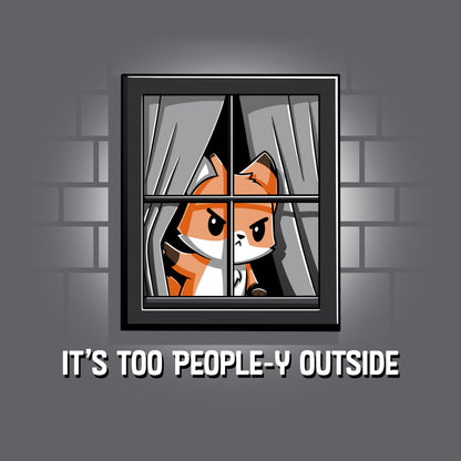 Premium Cotton T-shirt_TeeTurtle It's Too People-y Outside charcoal gray t-shirt featuring a fox looking out of its window who is grumpy about the amount of people out there.