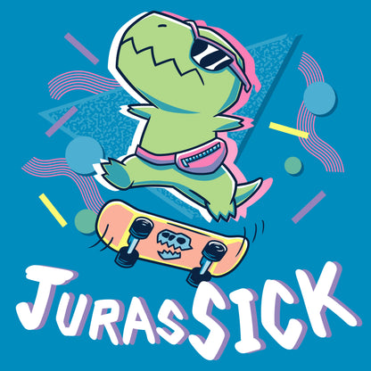 Premium Cotton T-shirt_TeeTurtle JurasSICK cobalt blue t-shirt featuring a cool dinosaur wearing sunglasses and a fanny pack, jumping on a skateboard. The word "JurasSICK" is written at the bottom.