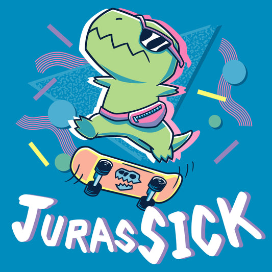 Premium Cotton T-shirt_TeeTurtle JurasSICK cobalt blue t-shirt featuring a cool dinosaur wearing sunglasses and a fanny pack, jumping on a skateboard. The word 