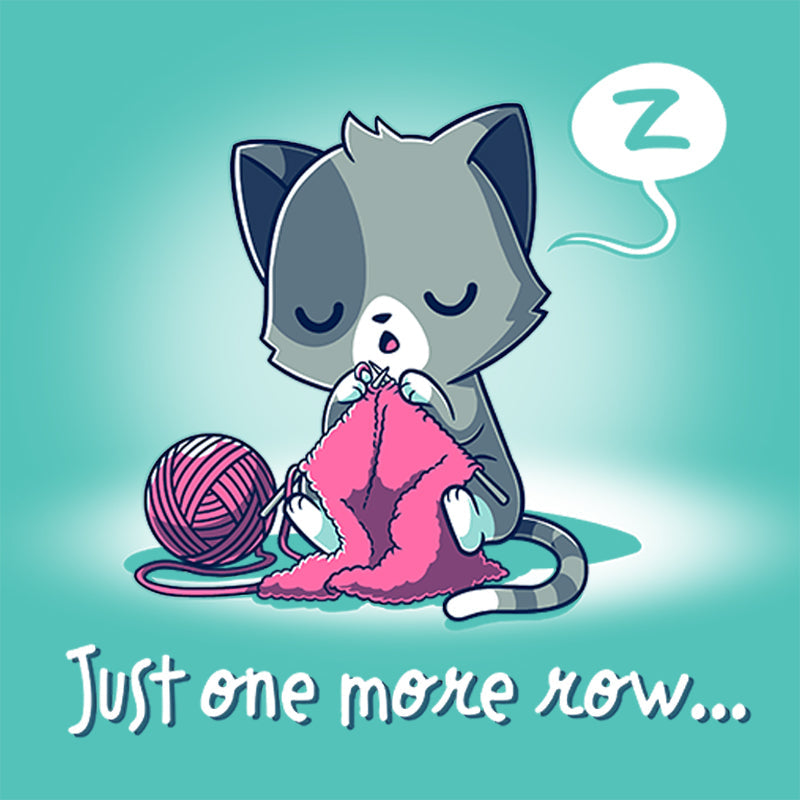 Premium Cotton T-shirt_TeeTurtle Just One More Row Caribbean blue t-shirt featuring a sleepy gray cat knitting/crafting with pink yarn.