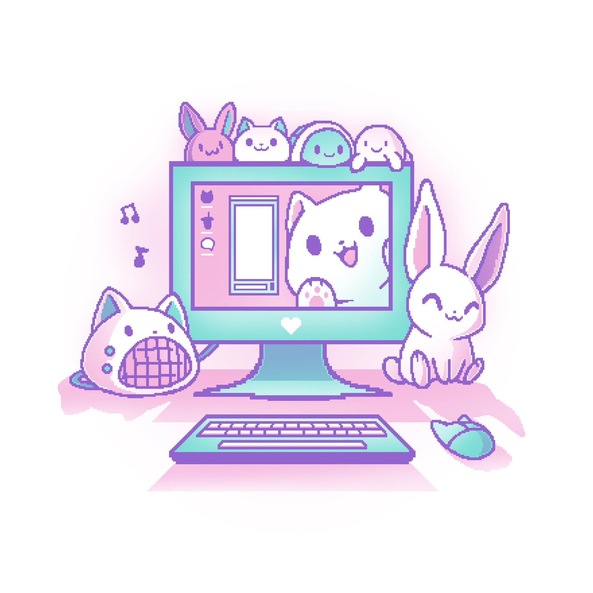 Premium Cotton T-shirt_TeeTurtle Kawaii Computer white t-shirt featuring a cute computer set-up with a bunny, cat speaker, and plushies.