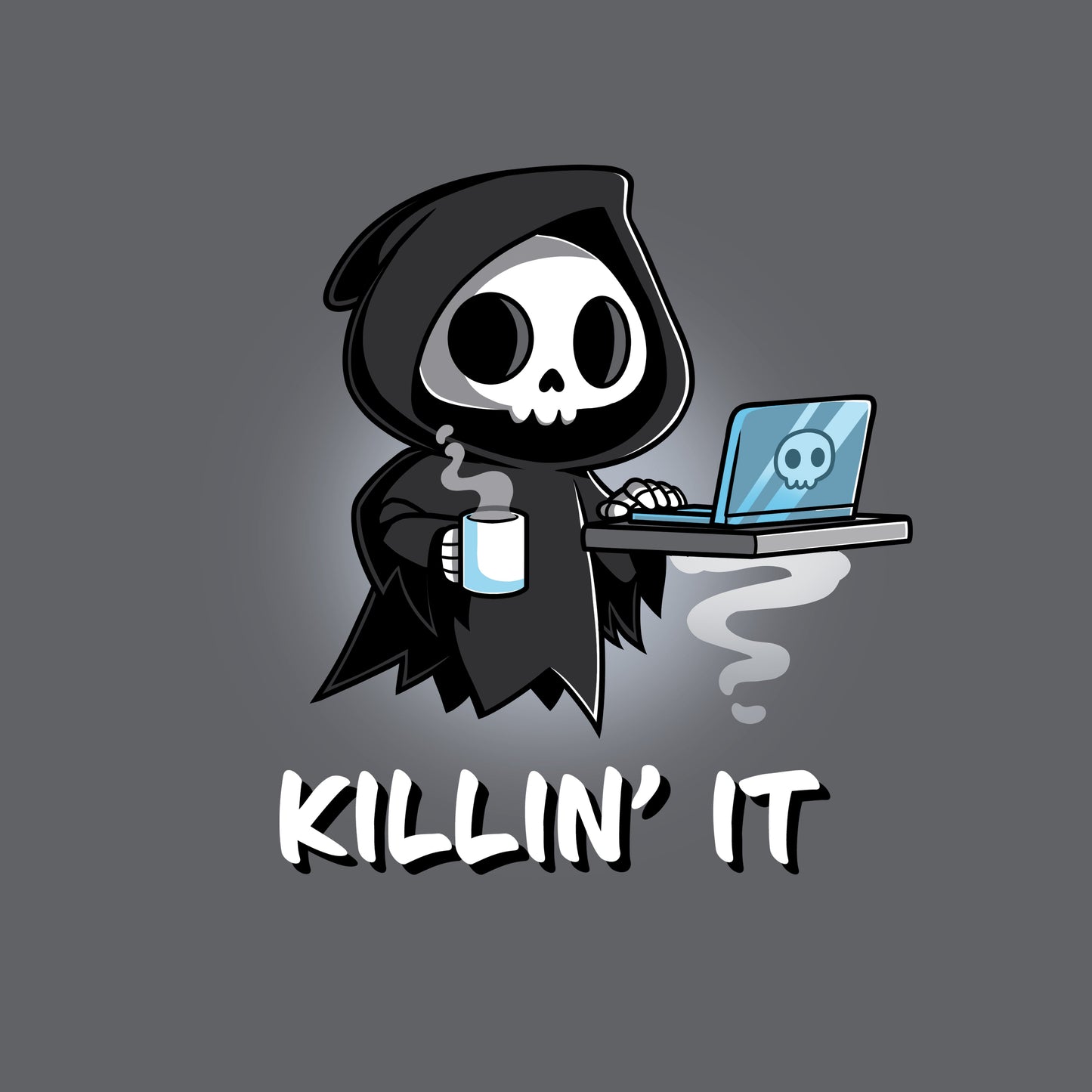 Premium Cotton T-shirt_TeeTurtle Killin' It charcoal gray t-shirt featuring a Grim Reaper with a laptop and coffee cup, accompanied by the word pun tagline "KILLIN' IT."