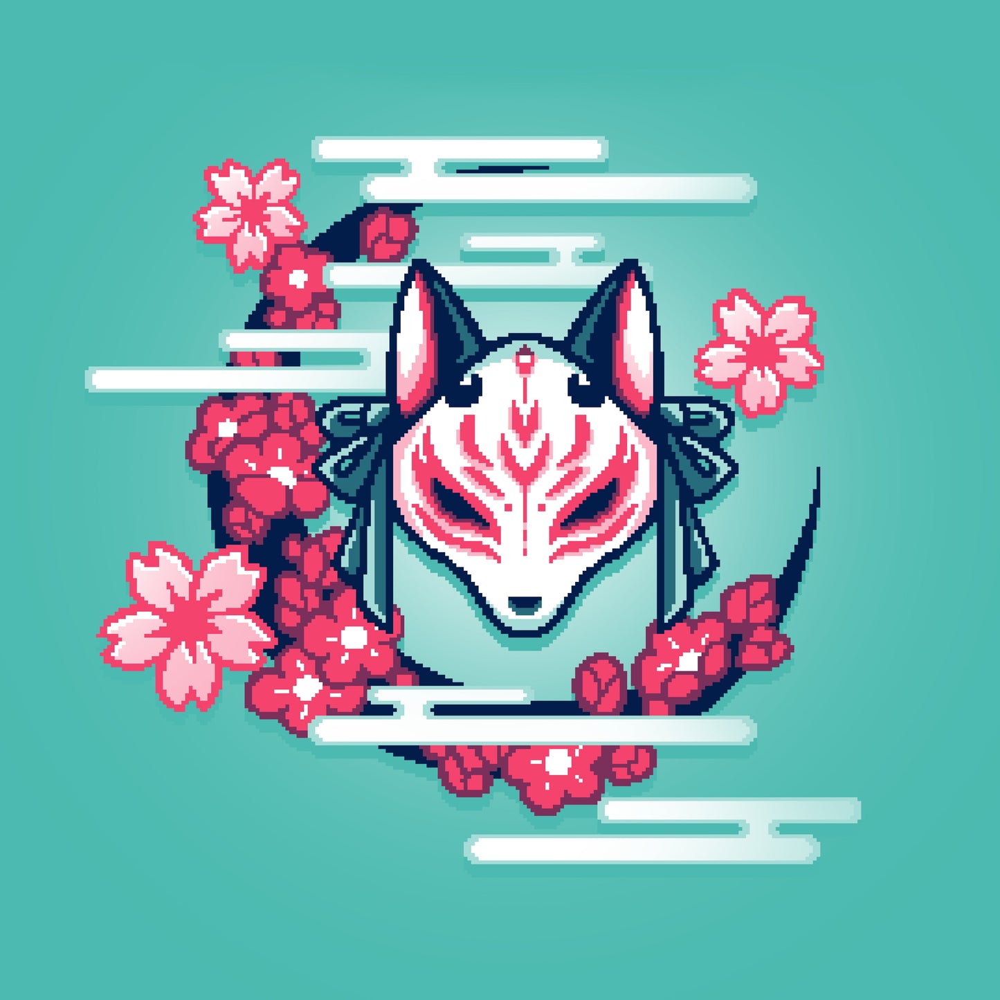 Premium Cotton T-shirt_TeeTurtle Kitsune Mask Pixel Art Caribbean blue t-shirt depicts a pixel art of a white fox mask with red markings and tied bows by a crescent of pink cherry blossoms and stylized white smoke.