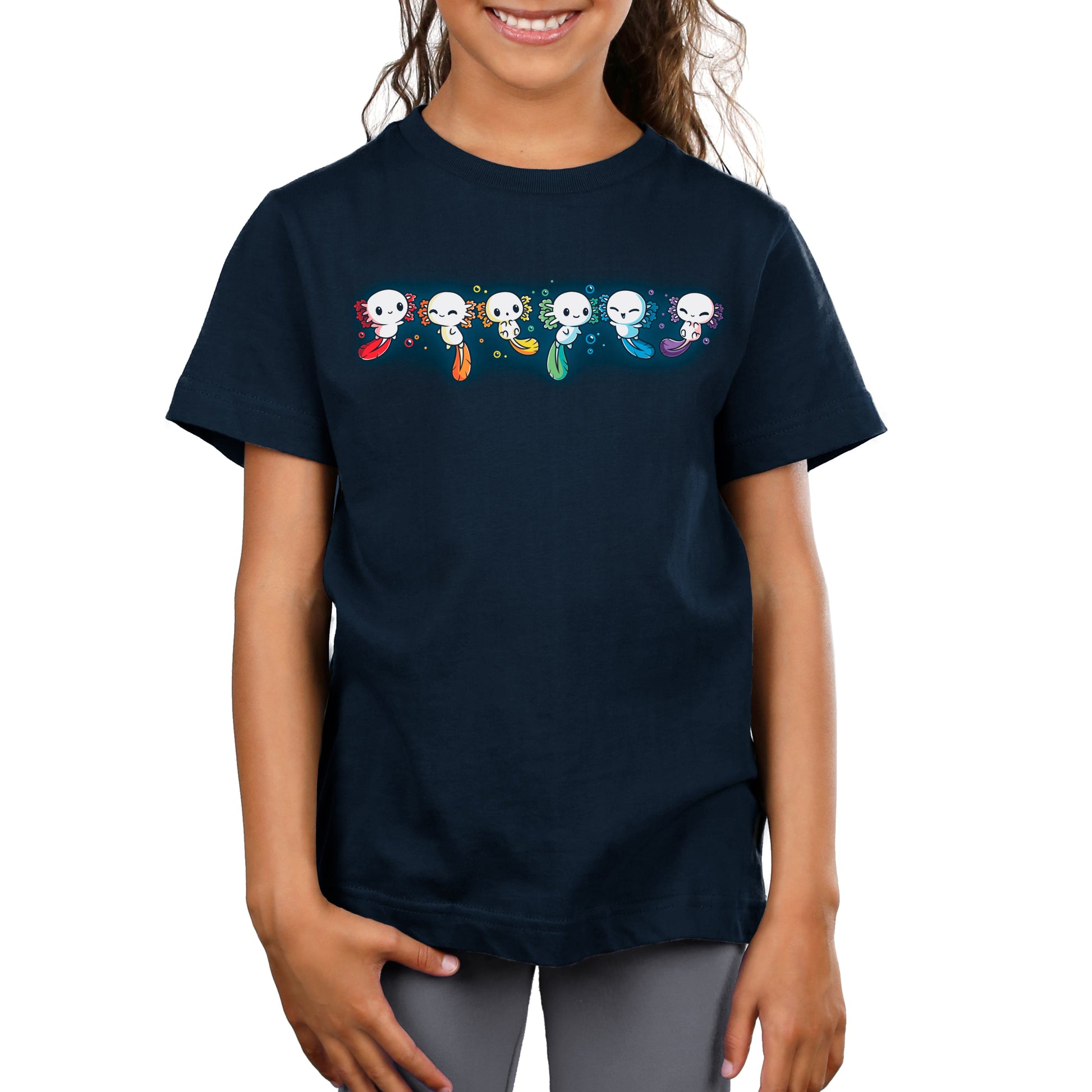 Premium Cotton T-shirt_TeeTurtle navy blue Axolotl Rainbow. Featuring a row of white axolotls with fins in a rainbow-colored sequence.