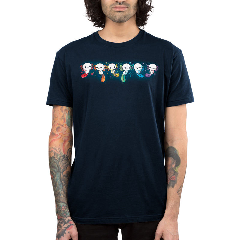 Premium Cotton T-shirt_TeeTurtle navy blue Axolotl Rainbow. Featuring a row of white axolotls with fins in a rainbow-colored sequence.