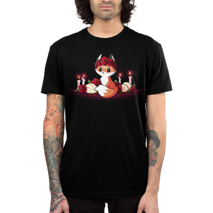 Premium Cotton T-shirt_TeeTurtle Dia de los Foxes black t-shirt featuring a cute little fox animal with Dia de los Muertos markings and wearing a crown of roses, surrounded by lit candles, roses and other Day of the Dead objects.