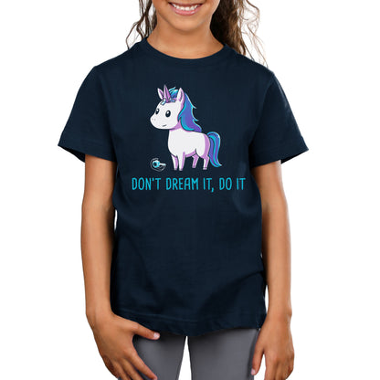 Premium Cotton T-shirt_TeeTurtle navy blue Don't Dream It Do It. Featuring a horse with a paper unicorn horn taped to its forehead.