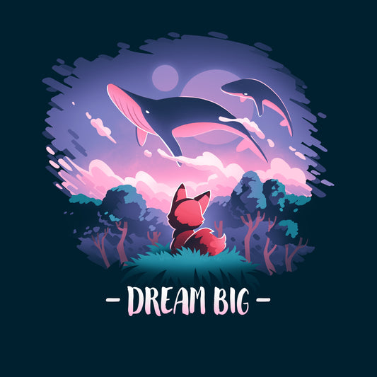 Premium Cotton T-shirt_TeeTurtle Dream Big navy blue t-shirt featuring an orange fox who gazes at magical whales flying in the night sky above a fantasy forest with the text 