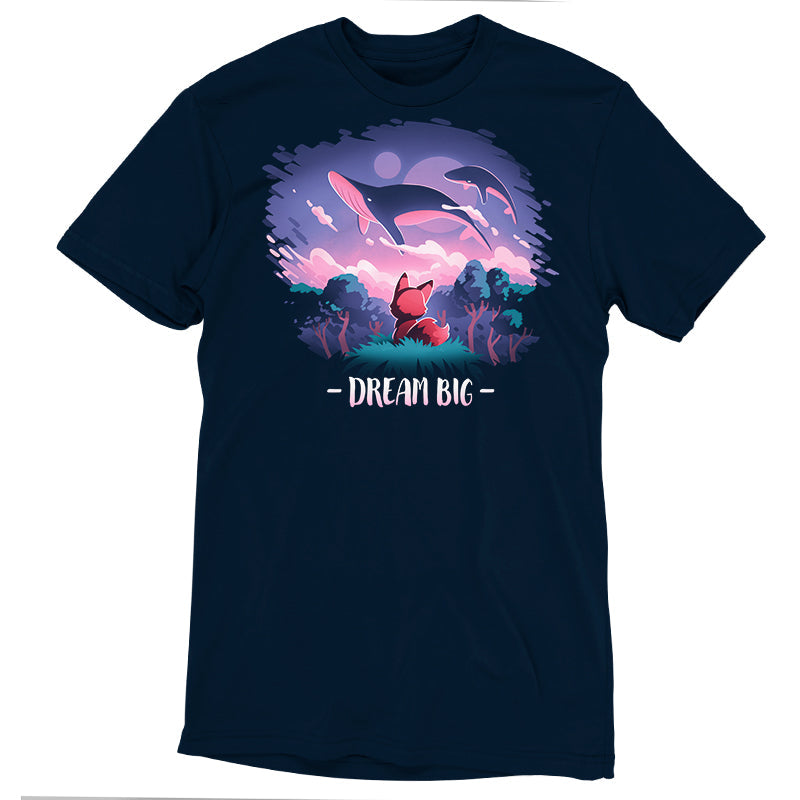 Premium Cotton T-shirt_TeeTurtle Dream Big navy blue t-shirt featuring an orange fox who gazes at magical whales flying in the night sky above a fantasy forest with the text "Dream Big" below.