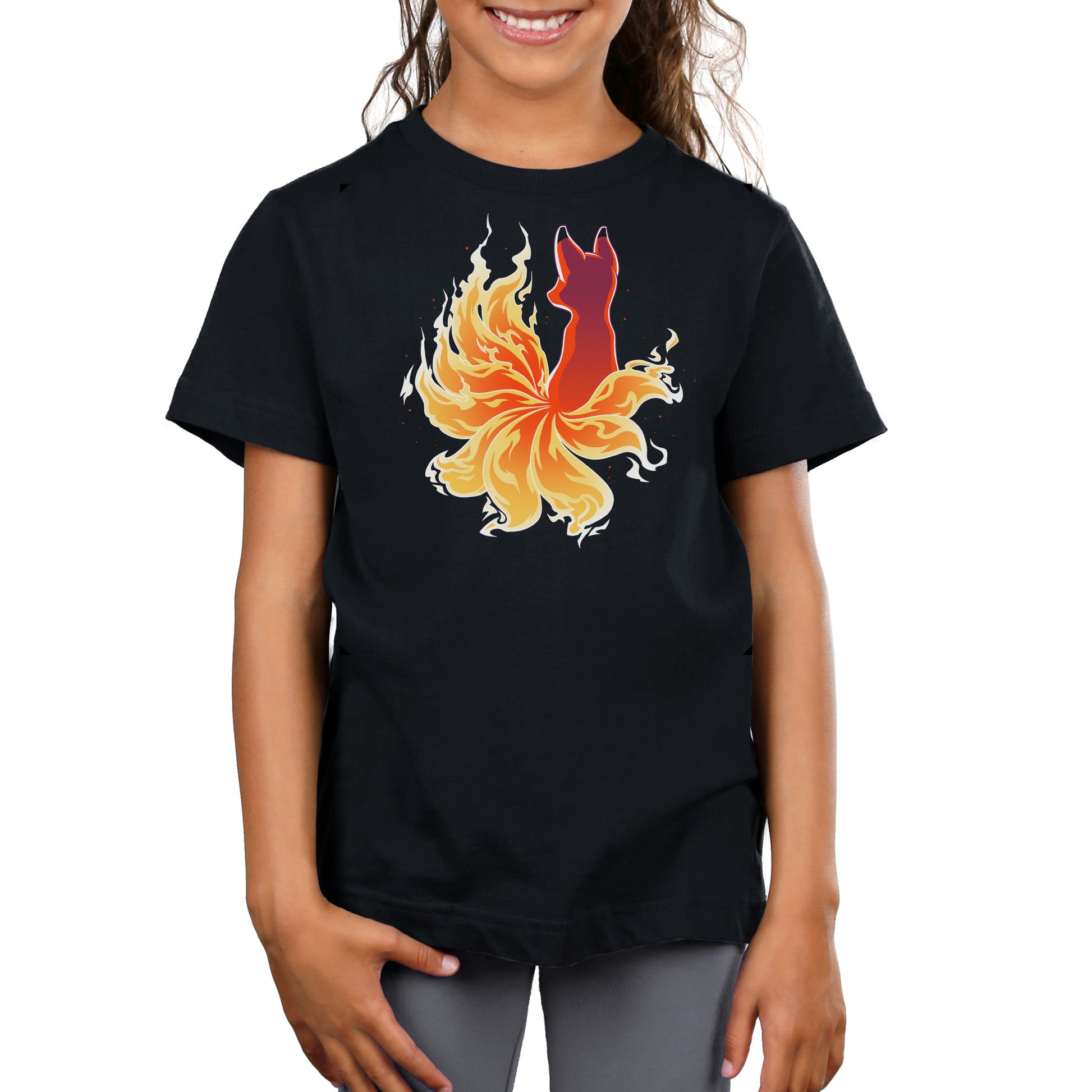 Premium Cotton T-shirt_TeeTurtle black Fire Kitsune. Featuring a kitsune with fiery tail.