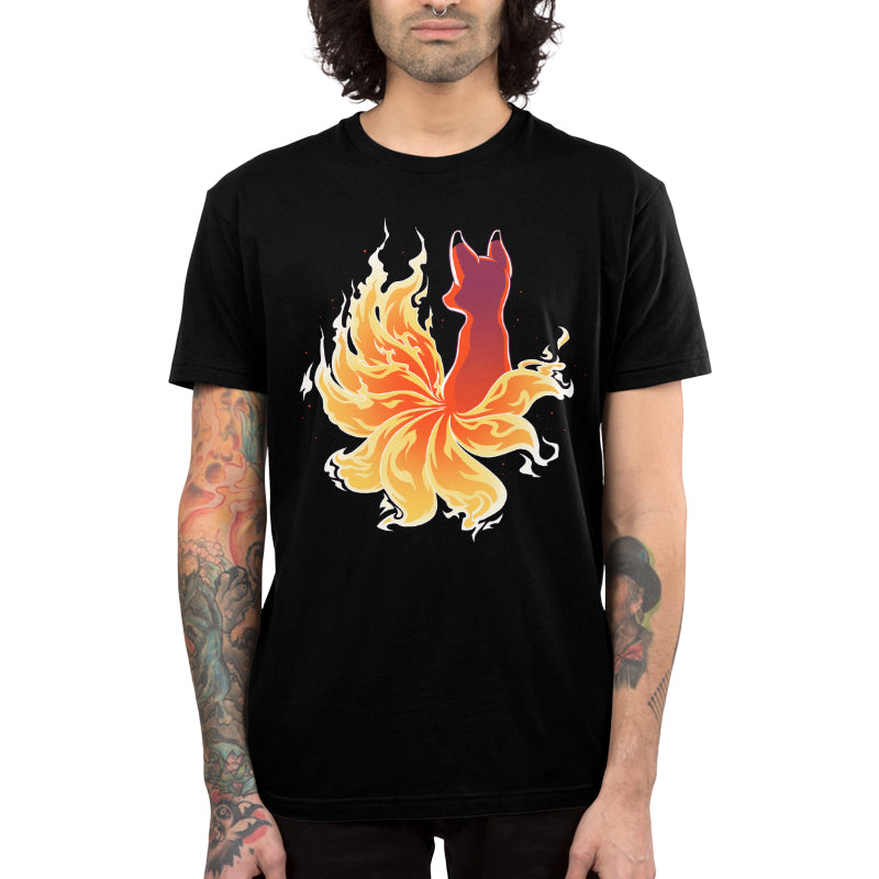 Premium Cotton T-shirt_TeeTurtle black Fire Kitsune. Featuring a kitsune with fiery tail.