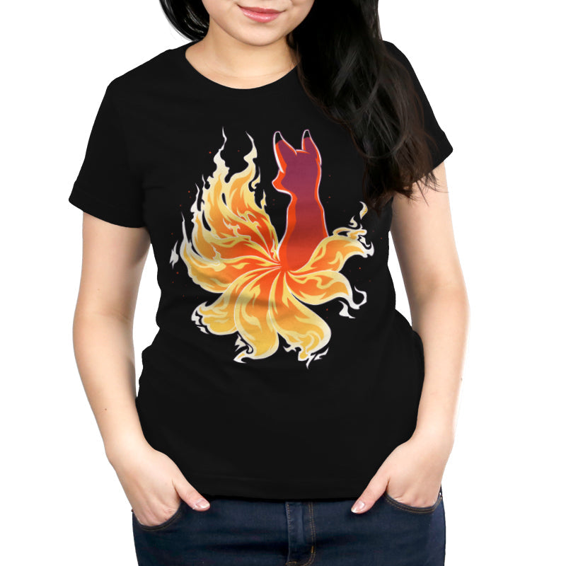 Premium Cotton T-shirt_TeeTurtle black Fire Kitsune. Featuring a kitsune with fiery tail.