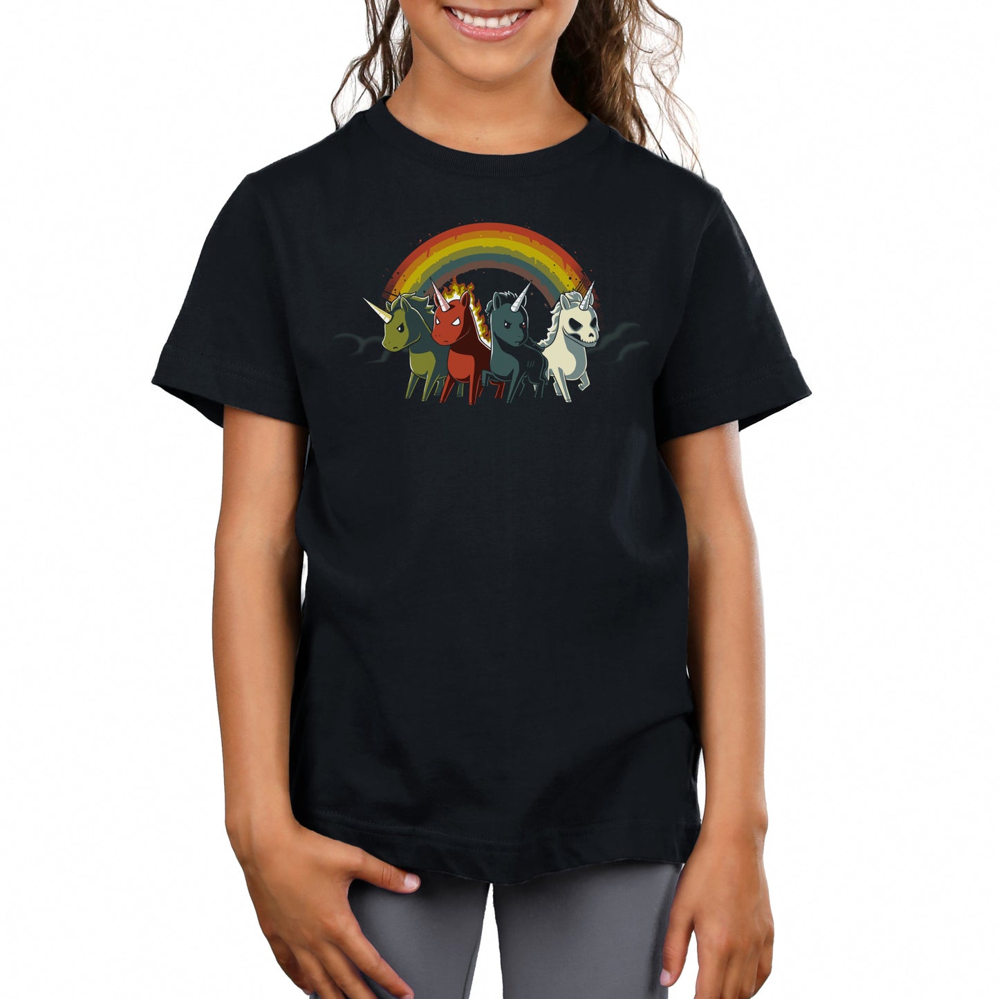 Premium Cotton T-shirt_TeeTurtle black Four Unicorns of the Apocalypse. Featuring four apocalyptic unicorns with a rainbow in the background.