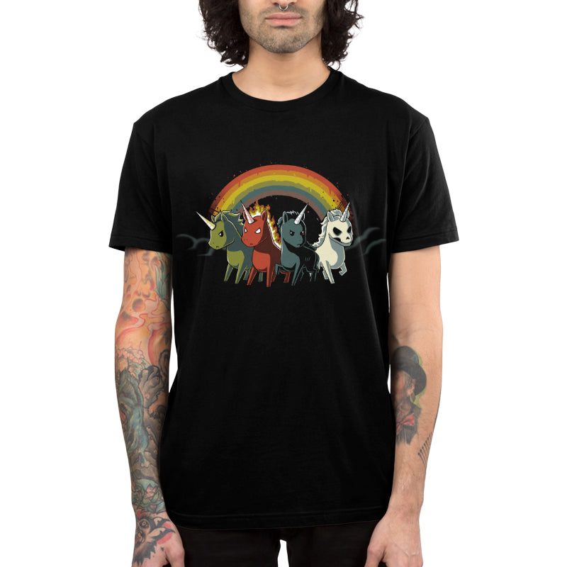 Premium Cotton T-shirt_TeeTurtle black Four Unicorns of the Apocalypse. Featuring four apocalyptic unicorns with a rainbow in the background.