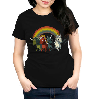 Premium Cotton T-shirt_TeeTurtle black Four Unicorns of the Apocalypse. Featuring four apocalyptic unicorns with a rainbow in the background.