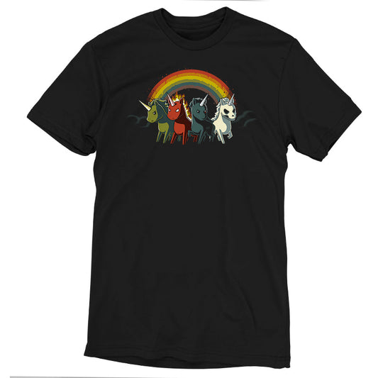 Premium Cotton T-shirt_TeeTurtle black Four Unicorns of the Apocalypse. Featuring four apocalyptic unicorns with a rainbow in the background.