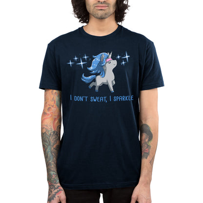 Premium Cotton T-shirt_TeeTurtle I Don't Sweat, I Sparkle navy blue t-shirt featuring a glistening unicorn with sweatband on, surrounded by sparkles.