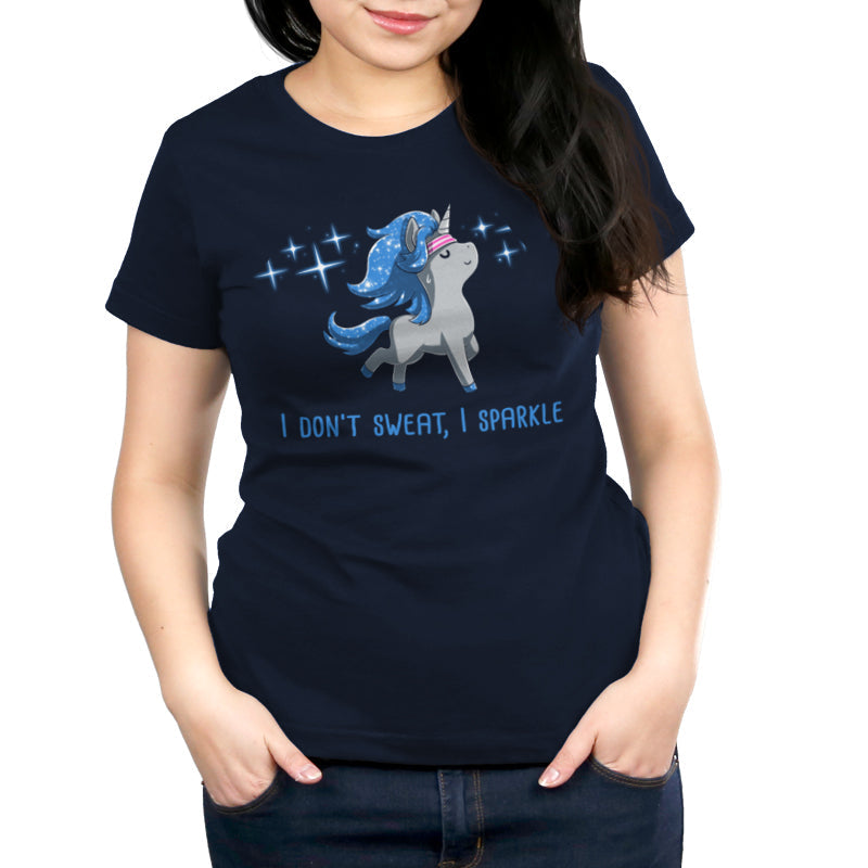 Premium Cotton T-shirt_TeeTurtle I Don't Sweat, I Sparkle navy blue t-shirt featuring a glistening unicorn with sweatband on, surrounded by sparkles.