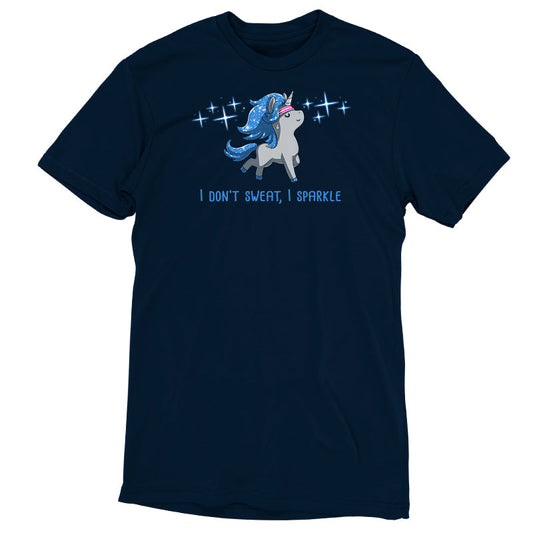 Premium Cotton T-shirt_TeeTurtle I Don't Sweat, I Sparkle navy blue t-shirt featuring a glistening unicorn with sweatband on, surrounded by sparkles.