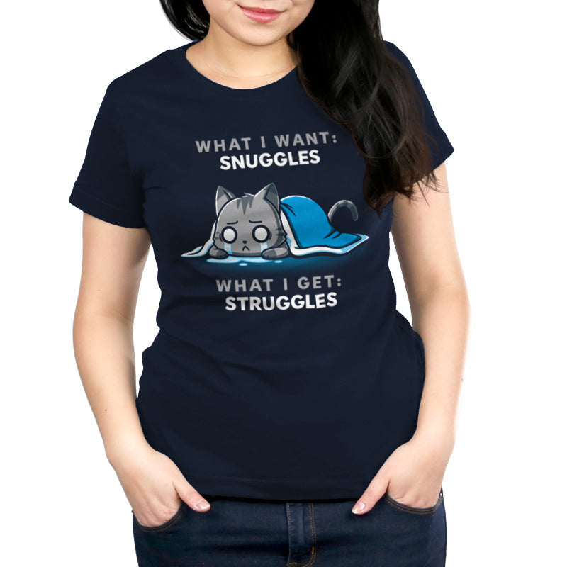 Premium Cotton T-shirt_TeeTurtle navy blue I Want Snuggles, I Get Struggles t-shirt featuring a crying cat hiding underneath a blanket.