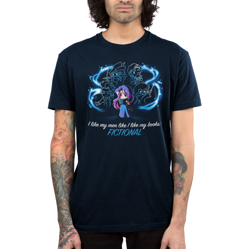 Premium Cotton T-shirt_TeeTurtle navy blue I <3 Fictional Men. Featuring a girl reading surrounded by specters of famous male book love interests.