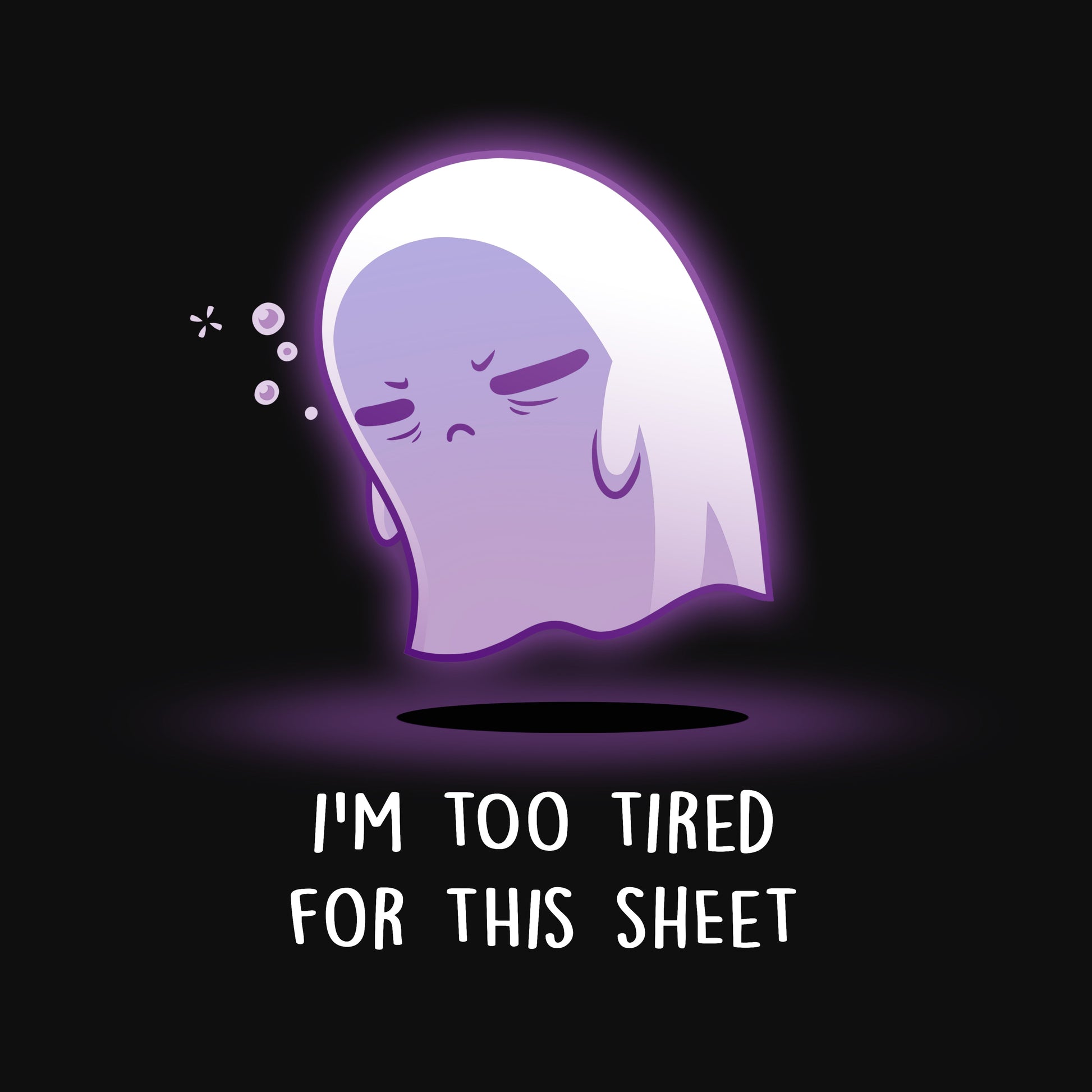 Premium Cotton T-shirt_TeeTurtle I'm Too Tired For This Sheet black t-shirt featuring a tired looking purple ghost