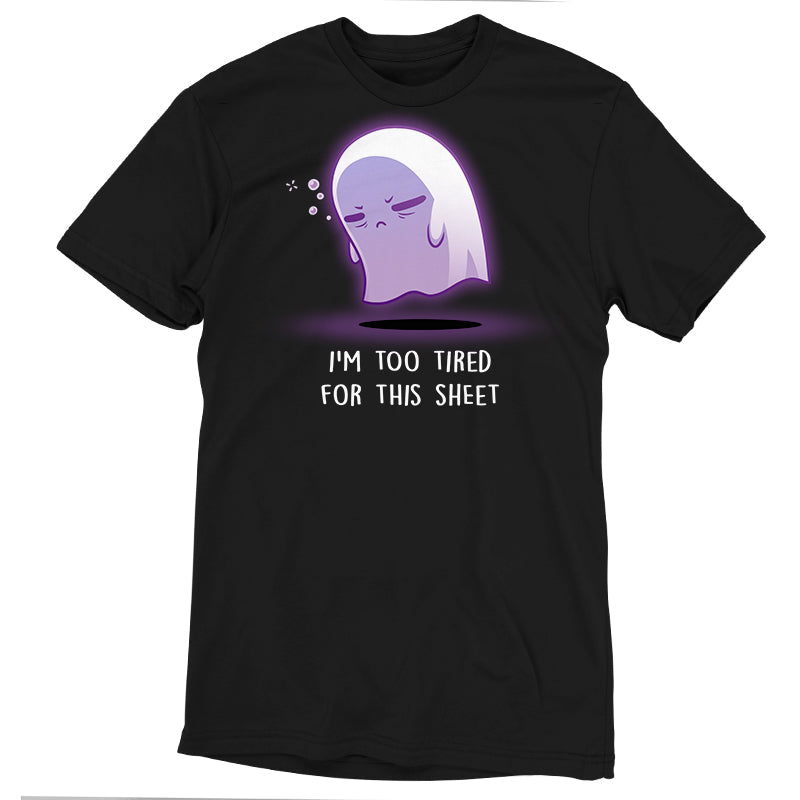 Premium Cotton T-shirt_TeeTurtle I'm Too Tired For This Sheet black t-shirt featuring a tired looking purple ghost