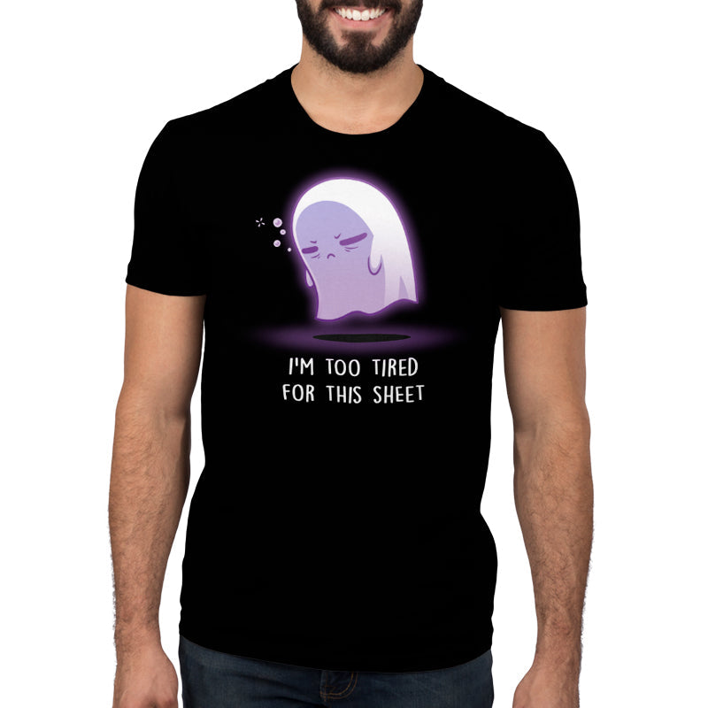 Premium Cotton T-shirt_TeeTurtle I'm Too Tired For This Sheet black t-shirt featuring a tired looking purple ghost