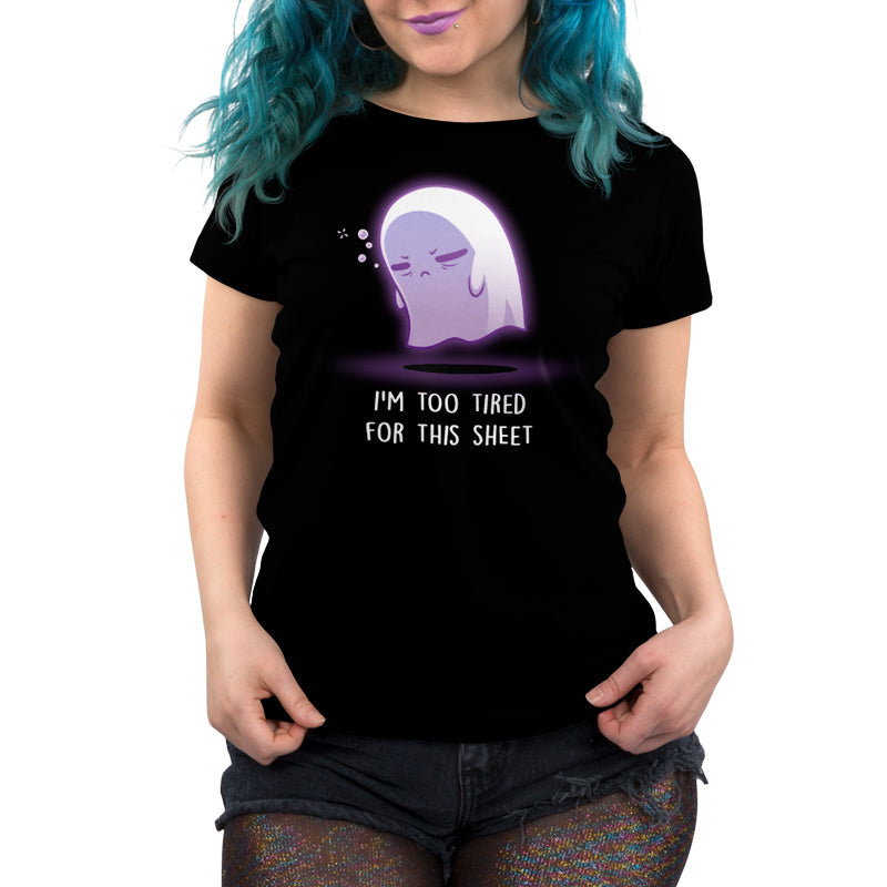 Premium Cotton T-shirt_TeeTurtle I'm Too Tired For This Sheet black t-shirt featuring a tired looking purple ghost