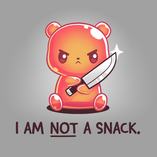 Premium Cotton T-shirt_TeeTurtle I Am Not A Snack silver gray t-shirt featuring a semi-translucent orange gummy bear holding a large kitchen knife looking angry. Beneath it there's text saying 