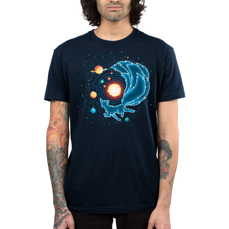  Premium Cotton T-shirt_TeeTurtle Kitsune Constellation navy blue t-shirt featuring the celestial outline of a kitsune Constellation, with a starry tail circling the sun, surrounded by planets and orbiting lines on a dark background.