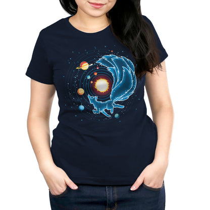  Premium Cotton T-shirt_TeeTurtle Kitsune Constellation navy blue t-shirt featuring the celestial outline of a kitsune Constellation, with a starry tail circling the sun, surrounded by planets and orbiting lines on a dark background.