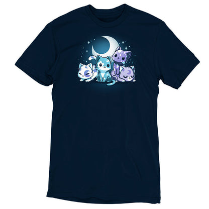 Premium Cotton T-shirt_TeeTurtle navy blue Moon & Star Meows. Featuring blue and purple kittens with moon and star patterns on their fur.