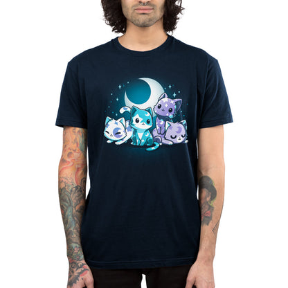 Premium Cotton T-shirt_TeeTurtle navy blue Moon & Star Meows. Featuring blue and purple kittens with moon and star patterns on their fur.