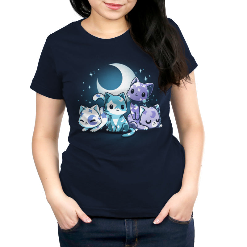 Premium Cotton T-shirt_TeeTurtle navy blue Moon & Star Meows. Featuring blue and purple kittens with moon and star patterns on their fur.