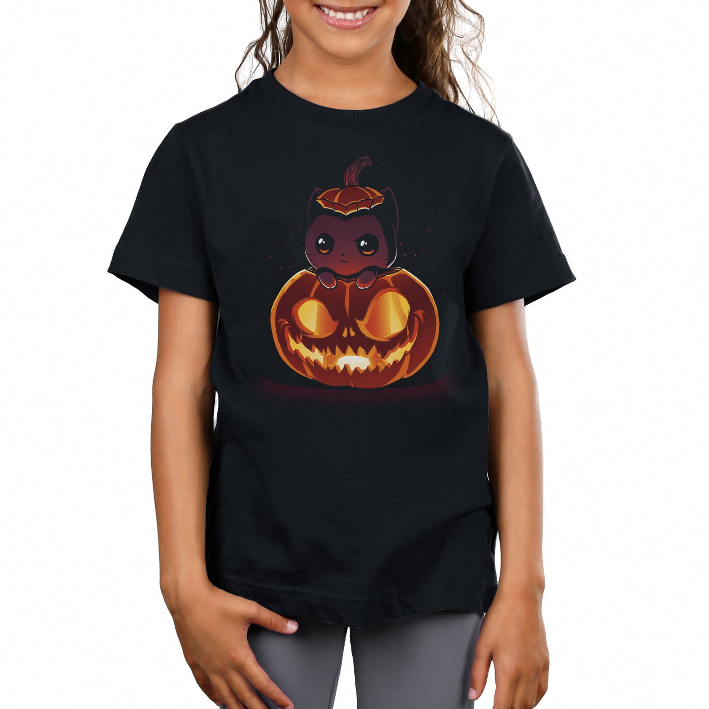 Premium Cotton T-shirt_TeeTurtle black Pumpkitten. Featuring a cat popping out of a spooky jack-o-lantern pumpkin.