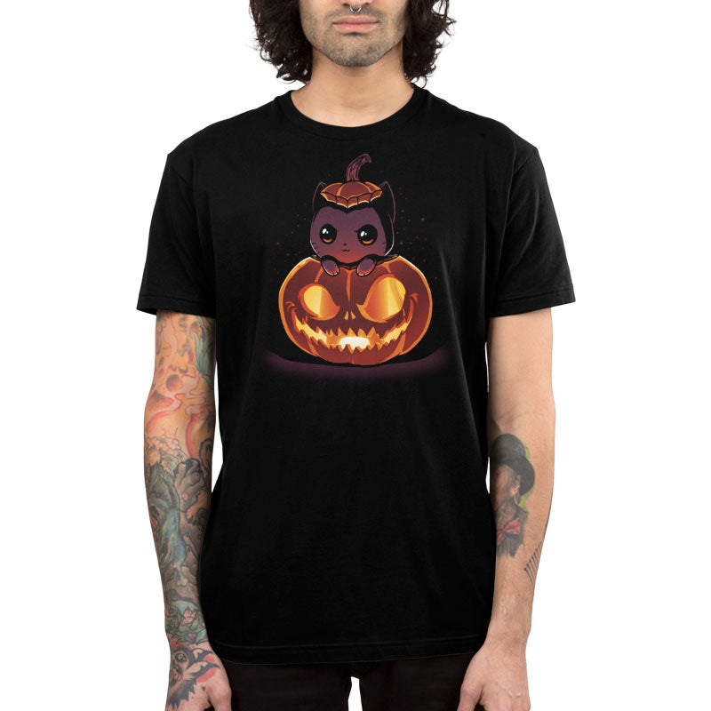 Premium Cotton T-shirt_TeeTurtle black Pumpkitten. Featuring a cat popping out of a spooky jack-o-lantern pumpkin.