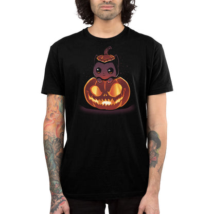 Premium Cotton T-shirt_TeeTurtle black Pumpkitten. Featuring a cat popping out of a spooky jack-o-lantern pumpkin.