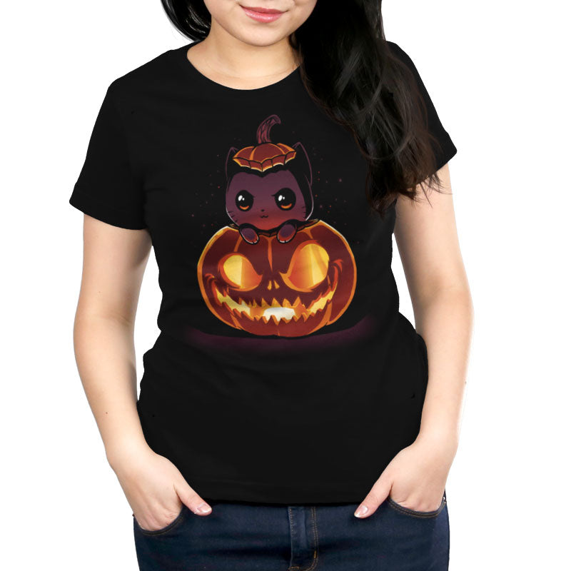 Premium Cotton T-shirt_TeeTurtle black Pumpkitten. Featuring a cat popping out of a spooky jack-o-lantern pumpkin.