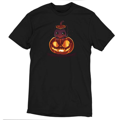 Premium Cotton T-shirt_TeeTurtle black Pumpkitten. Featuring a cat popping out of a spooky jack-o-lantern pumpkin.