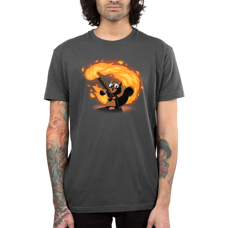 Premium Cotton T-shirt_TeeTurtle Pyromaniac Squirrel charcoal gray t-shirt featuring a cute fantasy squirrel in goggles gleefully wielding a flamethrower.