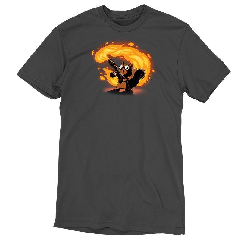 Premium Cotton T-shirt_TeeTurtle Pyromaniac Squirrel charcoal gray t-shirt featuring a cute fantasy squirrel in goggles gleefully wielding a flamethrower.