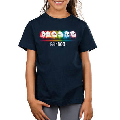 Premium Cotton T-shirt_TeeTurtle Rainboo Navy Blue t-shirt featuring six colorful spooky pride ghosts arranged in a line, each representing a color of the rainbow. The word "RAINBOO" is below them, with the "BOO" in a different font for emphasis.