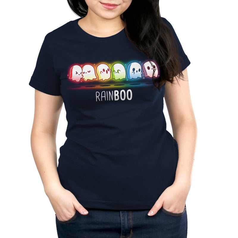 Premium Cotton T-shirt_TeeTurtle Rainboo Navy Blue t-shirt featuring six colorful spooky pride ghosts arranged in a line, each representing a color of the rainbow. The word "RAINBOO" is below them, with the "BOO" in a different font for emphasis.