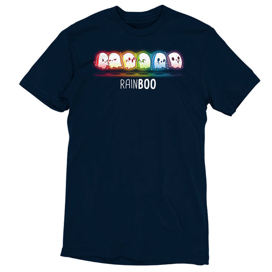 Premium Cotton T-shirt_TeeTurtle Rainboo Navy Blue t-shirt featuring six colorful spooky pride ghosts arranged in a line, each representing a color of the rainbow. The word 