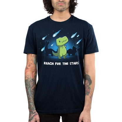 Premium Cotton T-shirt_TeeTurtle Reach For The Stars (T-Rex) Navy Blue t-shirt featuring a dinosaur under a night sky with comets