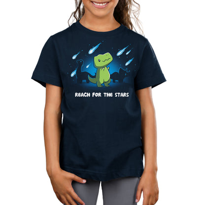 Premium Cotton T-shirt_TeeTurtle Reach For The Stars (T-Rex) Navy Blue t-shirt featuring a dinosaur under a night sky with comets