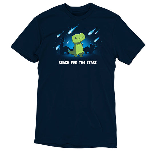 Premium Cotton T-shirt_TeeTurtle Reach For The Stars (T-Rex) Navy Blue t-shirt featuring a dinosaur under a night sky with comets